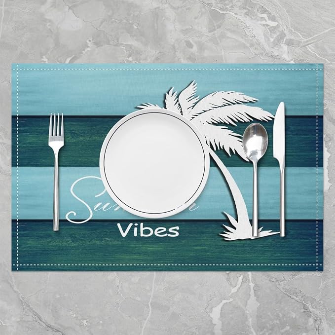 Feelyou Ocean Placemats Set of 4 12"x18" Beach Theme Table Mats Placemat Room Decor Tropical Leaves Placemats for Dining Table Indoor Outdoor Kitchen Blue Green Decor Table Place Mats Leaf Pattern - Image 2