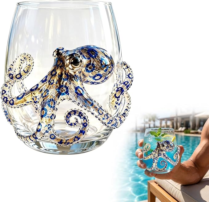Artisanal Blue Ringed Octopus Glassware,3D Ocean Octopus Drinking Glass,Gift for Ocean Lovers by Unknown