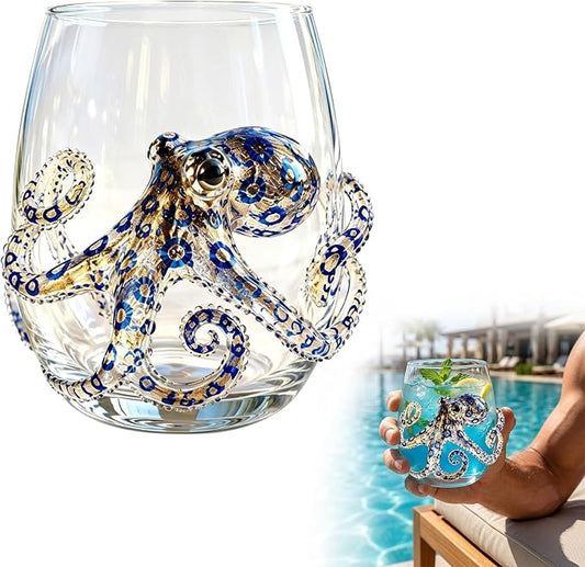 Artisanal Blue Ringed Octopus Glassware,3D Ocean Octopus Drinking Glass,Gift for Ocean Lovers by Unknown