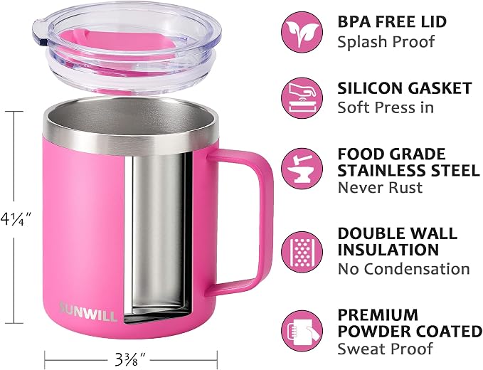 SUNWILL Insulated Coffee Mug with Lid, Travel Tumbler with Handle, 14 oz Stainless Steel Cup for Home, Office, Camping, Powder Coated Magenta - Image 2