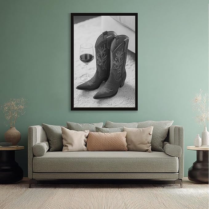 UXCBIA Cowboy Boots And Red Wine, Western Aesthetic, Black And White, Modern Fashion Poster Canvas Poster Bedroom Decor Sports Landscape Office Room Decor Gift Black Frame 24x36in(60x90cm) - Image 5