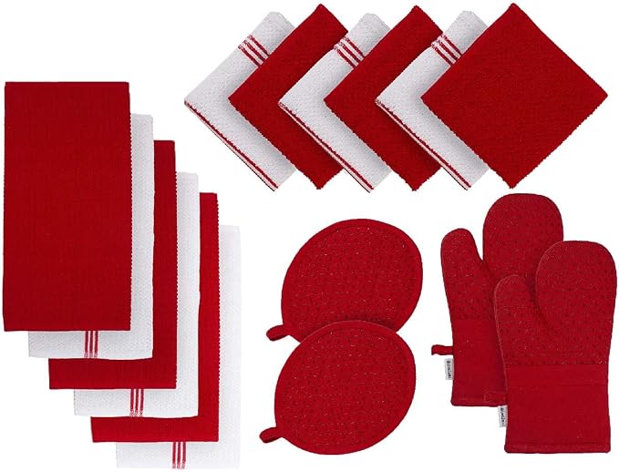 LANE LINEN 16 Pc Kitchen Dish Towels Set - 6 Absorbent Terry Kitchen Hand Towels, 6 Dish Cloths for Washing Dishes, 2 Silicone Grip Potholders & 2 Silicone Oven Mitts - Red by LaneLinen