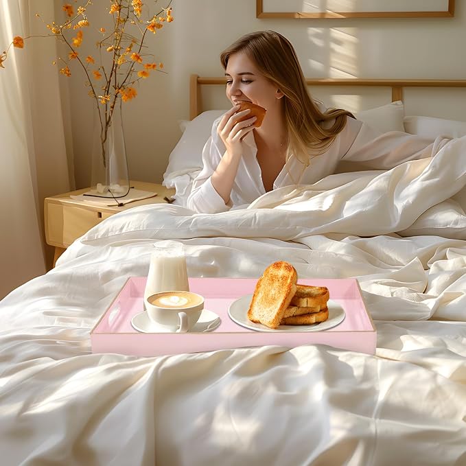 MAONAME Pink Decorative Tray for Coffee Table, Serving Tray with Handles | Plastic Melamine Tray, Modern Ottoman Tray, Rectangular Countertop Organizer Tray for Living Room, 15.8"L x 10.2"W x 1.4"H - Image 6