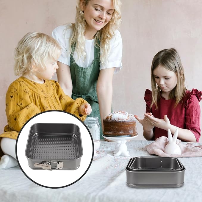 Springform Cake Pan Set of 3 (4, 7, 9 Inch) Square Leakproof Nonstick Cheesecake Pans with Removable Bottom Carbon Steel Bakeware - Image 7