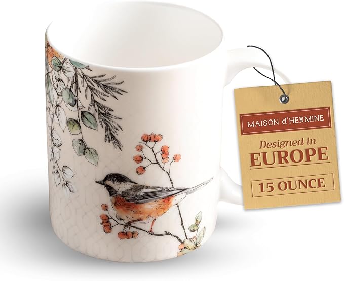 Maison d' Hermine Coffee Mug with Handles Tea Cups (15 Ounce, Pack of 1) | Fine Bone China Coffee Mugs for Hot Beverages Cappuccino Latte Home Spring Summer -Whitish Shabby Chique - Winter Robin by MaisondHermine