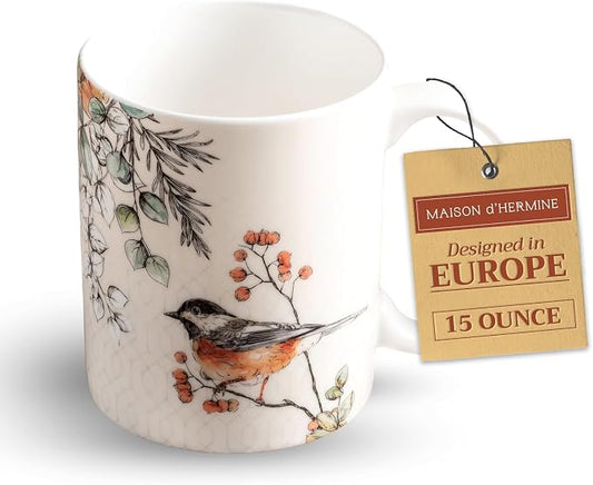 Maison d' Hermine Coffee Mug with Handles Tea Cups (15 Ounce, Pack of 1) | Fine Bone China Coffee Mugs for Hot Beverages Cappuccino Latte Home Spring Summer -Whitish Shabby Chique - Winter Robin by MaisondHermine