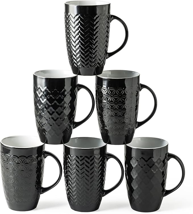 AmorArc Large Coffee Mugs Set of 6, 20oz Ceramic Tall Coffee Mugs Set with Textured Geometric Patterns for Latte/Tea/Beer/Hot Cocoa, Dishwasher & Microwave Safe, Black by AmorArc