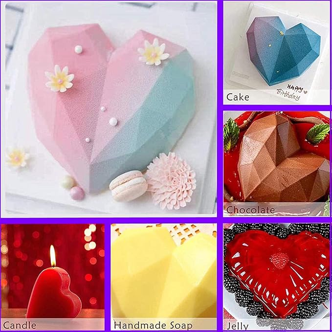 2 Pack Diamond Heart Shaped Chocolate Mold - 15 Holes 3D Heart Mousse Cake Mold - Silicone Mini Baking Pan for Dessert Mousses & Jelly - Wedding & Party