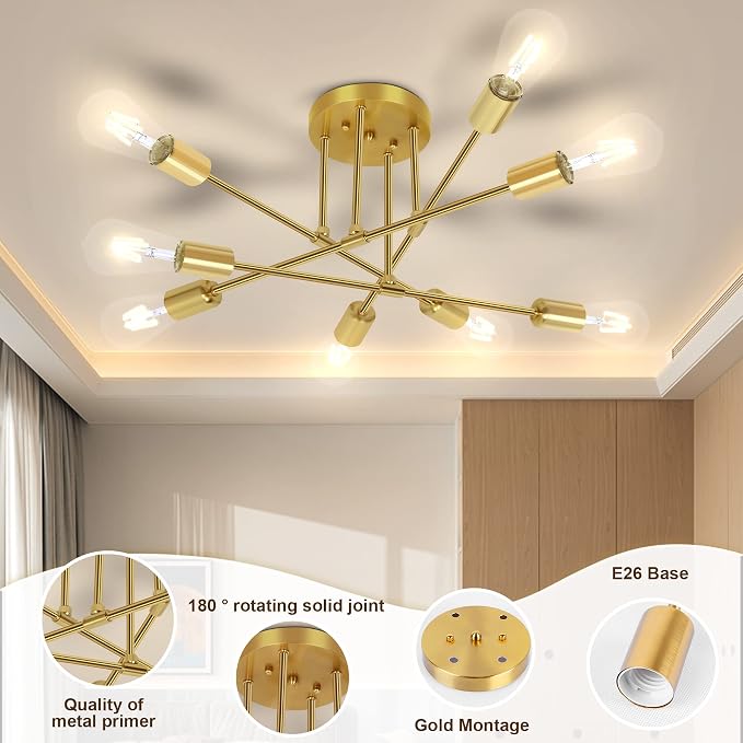 CANMEIJIA Modern Sputnik Chandelier, 8-Light Ceiling Light Fixture Mid Century Gold Chandelier for Bedroom Living Room Dining Room Kitchen, E26 Base, Bulbs Not Included - Image 3