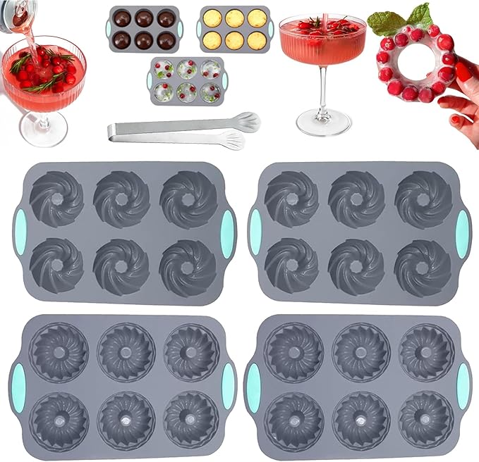 Wreath Ice Mold, Christmas Ice Cube Molds, Silicone Wreath Ice Cubes Tray, 6 Hole Silicone DIY Mold Suitable, Flexible Silicones Easy Release, for Holiday Cocktails/Chocolate/Desserts (A+A+B+B)