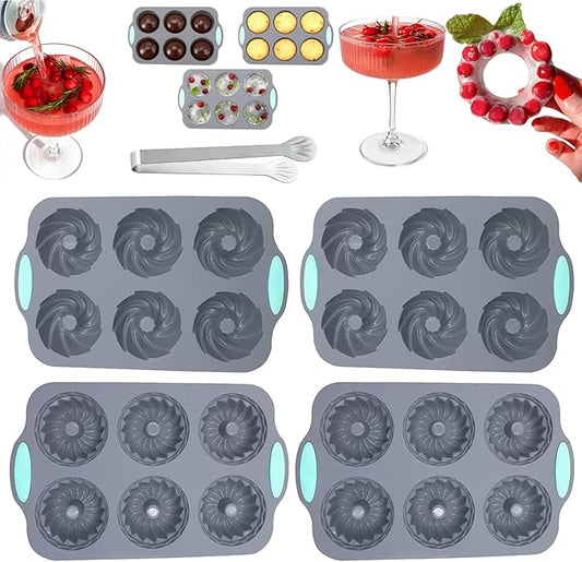 Wreath Ice Mold, Christmas Ice Cube Molds, Silicone Wreath Ice Cubes Tray, 6 Hole Silicone DIY Mold Suitable, Flexible Silicones Easy Release, for Holiday Cocktails/Chocolate/Desserts (A+A+B+B)