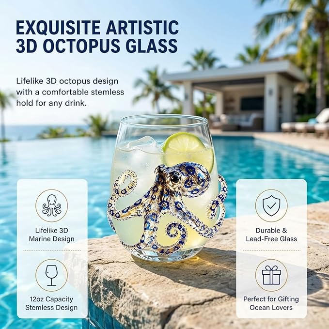 Artisanal Blue Ringed Octopus Glassware,3D Ocean Octopus Drinking Glass,Gift for Ocean Lovers - Image 4