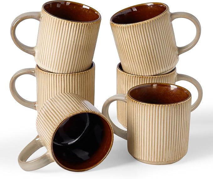 famiware Coffee Mug Set for 6, Star 12 oz Catering Mugs Cup Set with Handle for Coffee, Tea, Cocoa, Milk - Ceramic Stoneware Drinkware Set, Cream Cocoa by Famiware