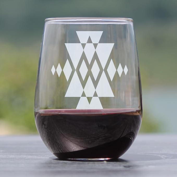 Tribal Geometric Engraved Stemless Wine Glass, Unique Southwest Etched Glassware, Boho Home Decor, 17oz - Image 2