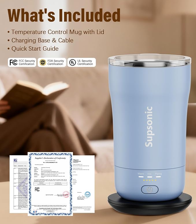 Supsonic - 14oz Heated Coffee Mug, Self-Heating Travel Mug with 3-Temp Settings, Insulated Stainless Steel Constant Temperature Heating Mug for Beverage, Smart Heating Portable Coffee Mug | S1 - Image 8