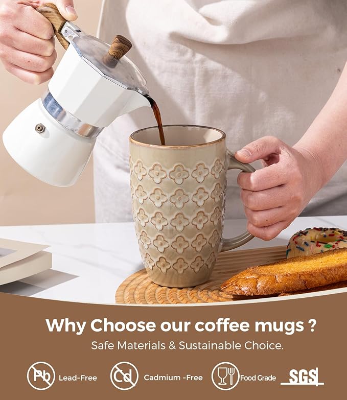 AmorArc Large Coffee Mugs Set of 6, 20oz Tall Coffee Mugs Set | with Texture Patterns for Cappuccino, Latte,Hot Cocoa, Dishwasher & Microwave Safe-Pale Khaki - Image 3