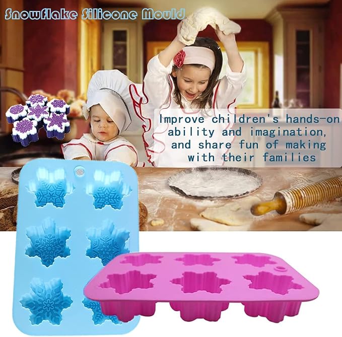 Silicone Snowflake Molds - 2 Pcs Christmas Soap Molds Non-Stick 3D Snowflake Candle Bath Bomb Mold Christmas Baking Tray Cake Cupcake Backing Mold Chocolate Candy (Pink/Blue) - Image 5