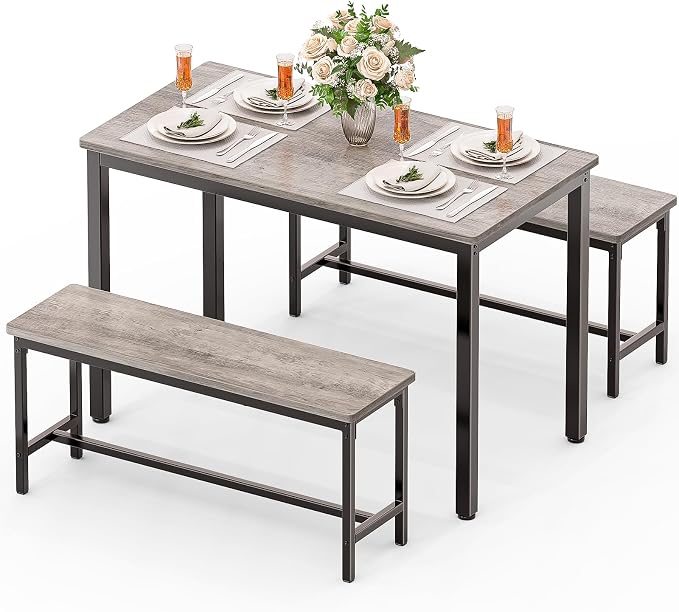 Dining Table Set for 4, Kitchen Table with 2 Benchs, Grey | Modern Functional 3 Piece Space-Saving Dining Room Table Set for Apartment, Breakfast Nook, Small Space by FAVSH