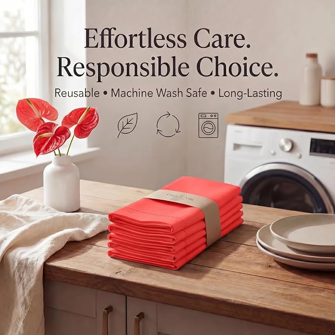 Urban Villa Hemstitch Cloth Dinner Napkins Cotton 20”x20” (Set of 12)-Red - Image 7