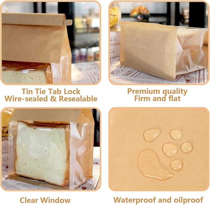 50 PCS Bread Bags for Homemade Breads, 11x5.1x3.9 Inch Resealable Cookie Bags with Tin Tie Tab Lock, Paper Bakery Bag with Window for Packaging Bagels, Muffin, Scone, Brownie, Baked Goods Storage - Image 4