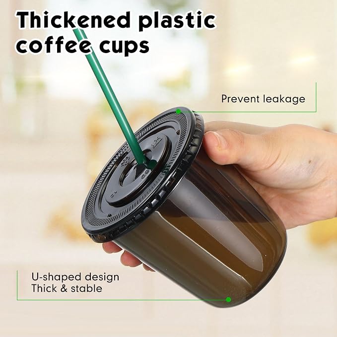 Baderke 25 Set Plastic Cups with Lids and Straws, Disposable Plastic Iced Coffee Cup for Cold Beverage Juice Smoothie Crystal for Coffee Shops Party Catering(Black,14 oz) - Image 4