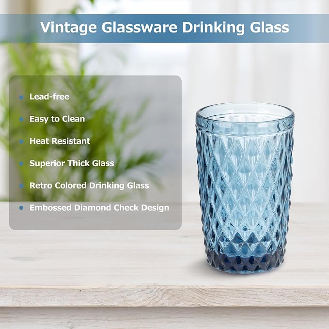 Topsky Highball Drinking Glasses Set of 6,12 oz Colored Glassware with Geometric Diamond Pattern,Embossed Diamond Tumblers,Blue Vintage Glassware Set for Beer,Juice,Cocktail - Image 4