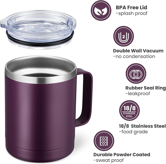MEWAY 12oz Coffee Mug With Handle and Sliding Lid,Stainless Steel Travel Tumbler Cup with Handle,Double Wall Vacuum Insulated Camping Cup for Hot & Cold Drinks Tea (Plum,Set of 1) - Image 3