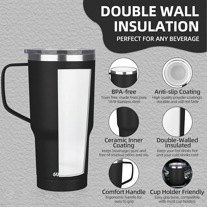 20 oz Insulated Coffee Mug with Ceramic Coating, Stainless Steel Travel Mug Tumbler with Handle Lid and Straw, Double Wall Leak-Proof Coffee Travel Mug Keeps Drink Hot and Cold (Black) - Image 3
