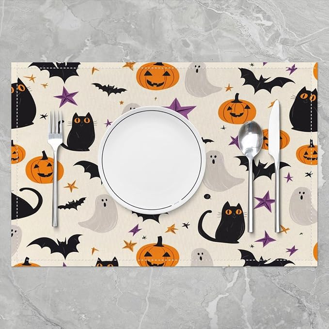 Feelyou Happy Halloween Placemats Set of 4 Cute Ghost Cat Table Mats for Party Kitchen Dining Decoration Beige Black Orange Place Mat for Table Holiday Decor Indoor Outdoor 18"x12" Non-Slip - Image 2
