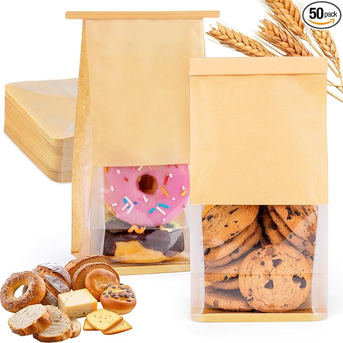 HONKID Cookie Bags with Seal, 50 Pack 3.9x3.1x8.2 Inches Small Bakery Bags with Window Tin Tie Tab Lock Resealable Cookie Gift Bags for Cookies Donut Baked Goods Packaging by HONKID