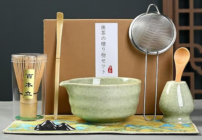 Matcha Whisk Set, 8pcs Japanese Ceremonial Matcha Kit include Mixing Bowl with Spout, Bamboo Whisk and Holder, Bamboo Matcha Scoop and Spoon for Matcha Tea Lovers