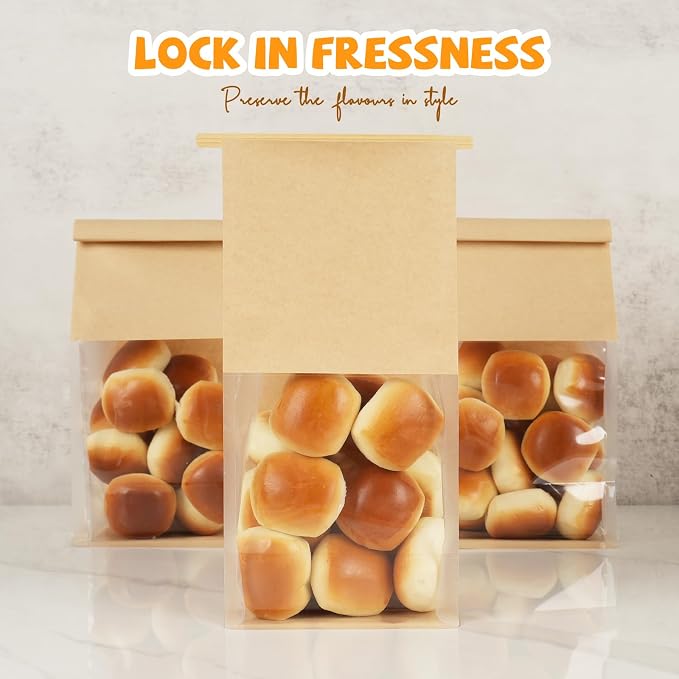100 Pack Bakery Bags with Window, 5.1x3.9x11 Inches Tin Tie Tab Lock Resealable Cookie Bags for Packaging Bagels, Bread Loaf, Pastry, Baked Goods | Thick Material - Image 6