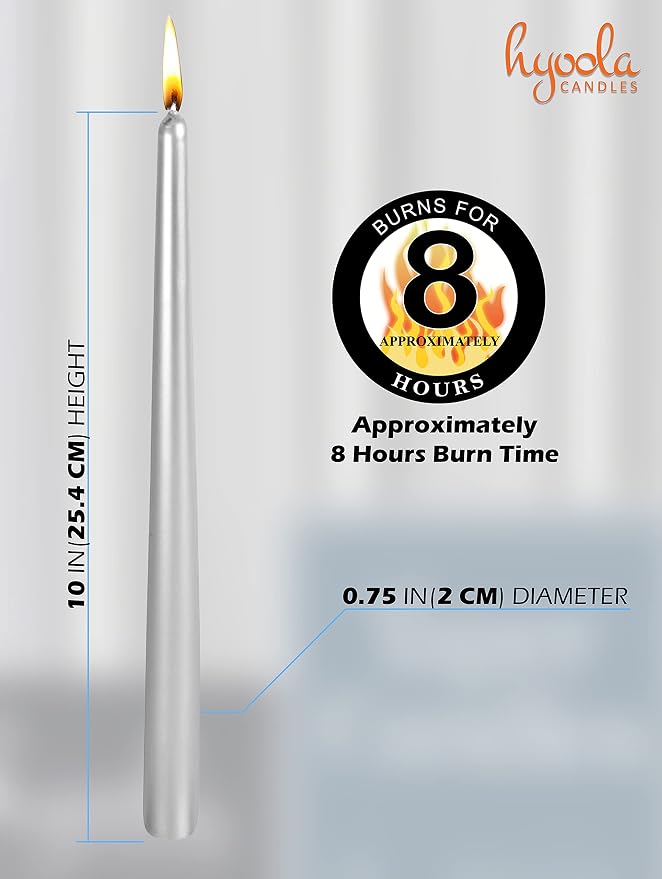 Hyoola 12 Pack Tall Metallic Taper Candles - 10 Inch Silver Metallic, Dripless, Unscented Dinner Candle - Paraffin Wax with Cotton Wicks - Image 3