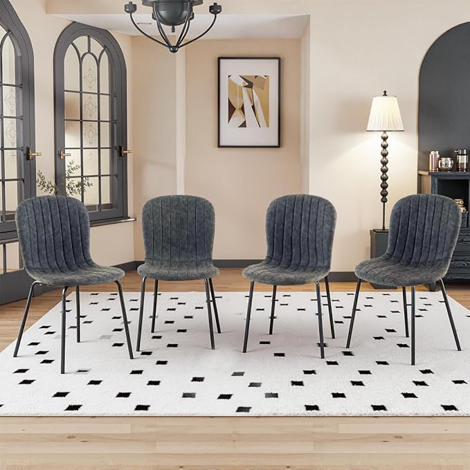 Dining Chairs Set of 4, Modern Mid Century Faux Leather Dining Room Chairs with Black Metal Legs, Comfortable Armless Side Kitchen Chair for Home, Living Room, Bedroom, Restaurant, Dark Grey by SQPFTW