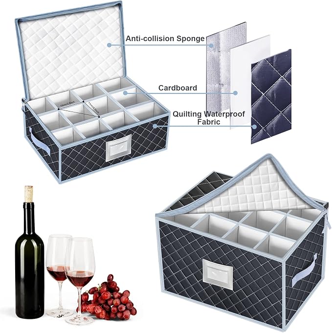 China Dinnerware Storage Containers Set- Dish,Mug,Stemware Storage Cases - Quilted Box Bins Stackable with Divider,handles,Clear Window for Cups,Plates,Wine Glasses Moving Set of 6 (Grey - Image 3