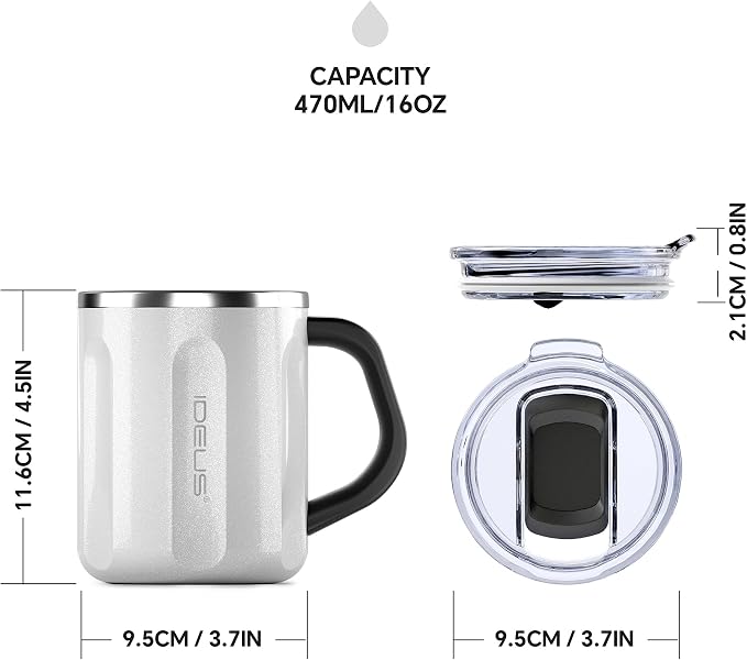 Ideus 16 oz Insulated Coffee Mug with Handle and Lid, Double Wall Stainless Steel Vacuum Thermal Coffee Mug, Travel Coffee Cup Thermal Cup for Home and Office, Snow White-FUJI FLOW - Image 5