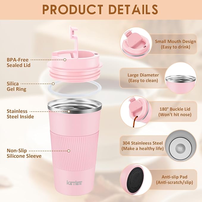 KETIEE 12oz Travel Mug, Insulated Coffee Cup with Leakproof Lid, Travel Coffee Mug Vacuum Stainless Steel Double Walled Reusable Car Tumbler for Hot and Cold Water Tea（Pink） - Image 4