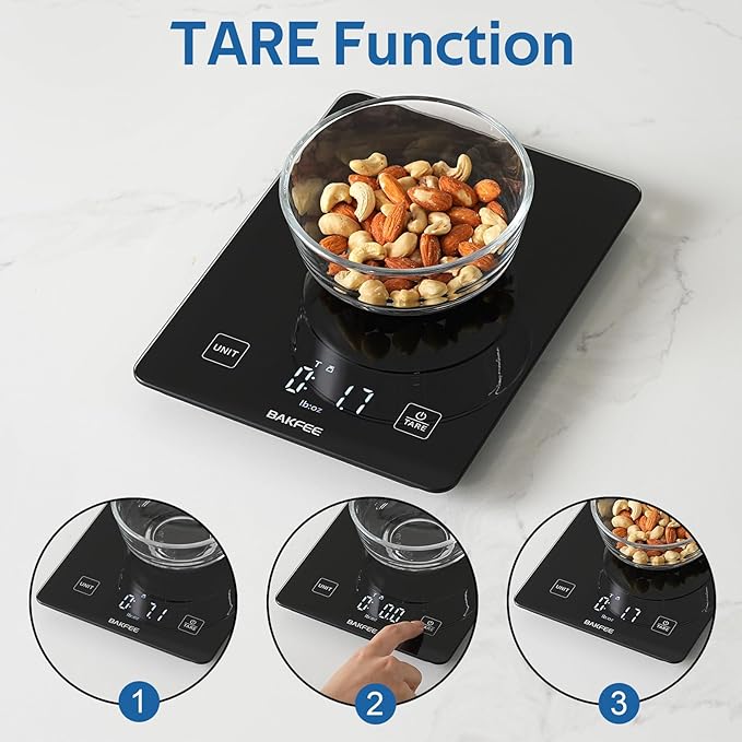 IP67 Waterproof Food Scale with Tempered Glass Surface, 22lb Kitchen Scale 1g Precision, USB Rechargeable, LED Display, Grams and Ounces, for Baking, Cooking, Making Sourdough Bread. Black