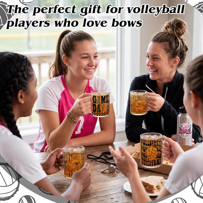 Tioncy 4 Pcs Bow Volleyball Coffee Mugs 12 oz Cute Bowknot Glass Cups with Handle Volleyball Coffee Cup Gifts Birthday Ideas for Coworker Fun Black White Drinking Home Parties - Image 4