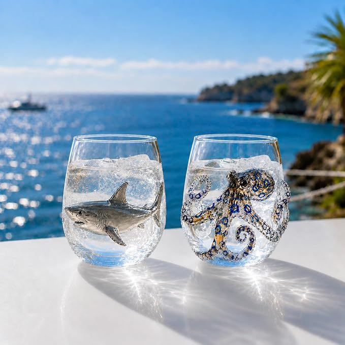 Coastal Stemless Wine Glasses Set of 4, 12oz 3D Ocean Animal Artisan Glassware Collection with Unique Sea Life Designs (I - Set of 2) by Lifmagic