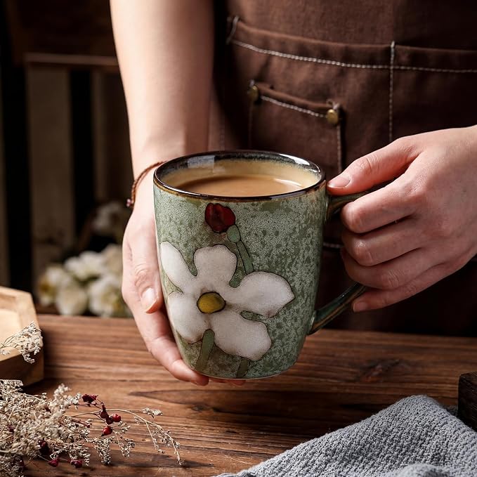Maxdot 1 Pcs 12oz Ceramic Coffee Mugs Sets Glazing Process Cappuccino Mug Floral Ceramic Tea Cups Idea Gift Set for Women Porcelain Cup for Coffee, Cocoa, Tea, Latte (Retro) (Fresh) - Image 4