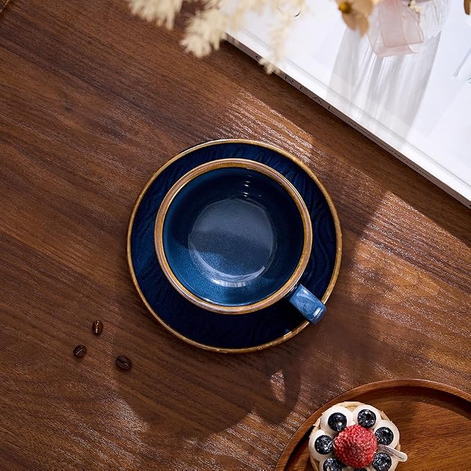 Coffeezone Vintage Design 12 oz Ceramic Latte Art Cappuccino Barista Cup with Saucer (Wave Blue) - Image 4