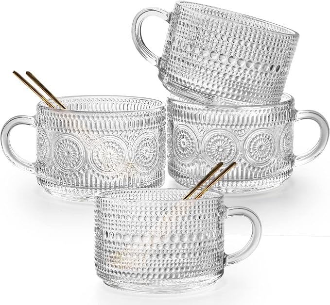 Vintage Glass Coffee Mugs Set of 4,14 OZ Embossed Glass Coffee Cups Coffee Mugs for Cereal, Yogurt, Latte, Clear Breakfast Cups with Handle for Housewarming Gifts (2*Flower+2*Beads) by Ymyaye
