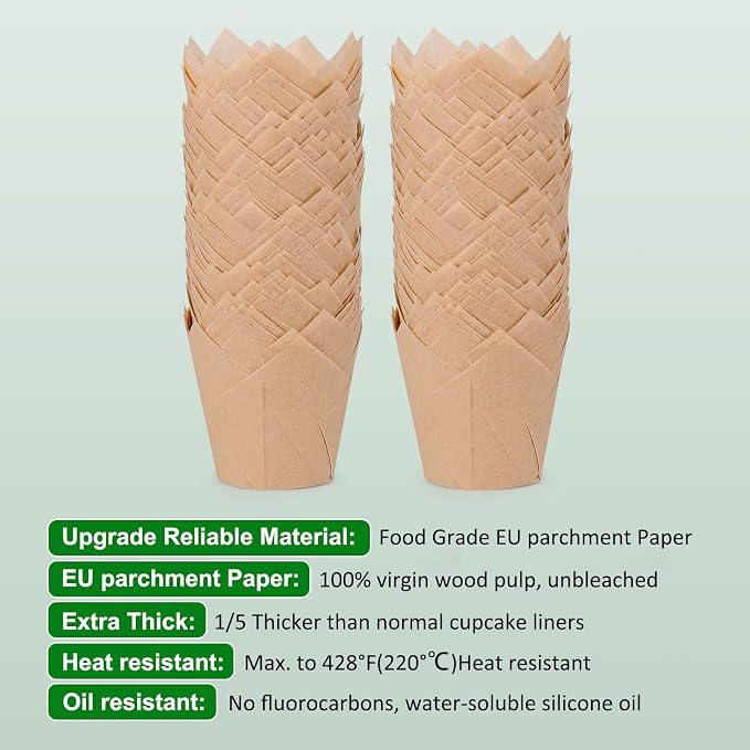 Caperci 225pcs Natural Tulip Cupcake Liners Paper for Baking Cups Unbleached European Parchment Paper, Tulip Muffin Liners Cupcake Wrapper for Party, Wedding, Christmas, Birthday - Image 3