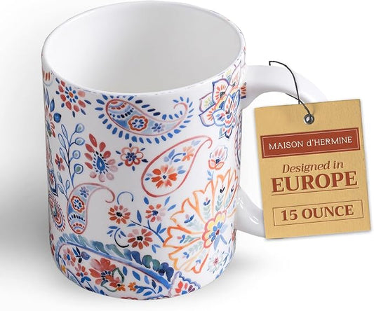 Maison d' Hermine Coffee Mug with Handles Tea Cups (15 Ounce, Pack of 1) | Fine Bone China Coffee Mugs for Hot Beverages Cappuccino Latte Home Restaurant Hotel Spring Summer -Indian Floral - Paisley by MaisondHermine