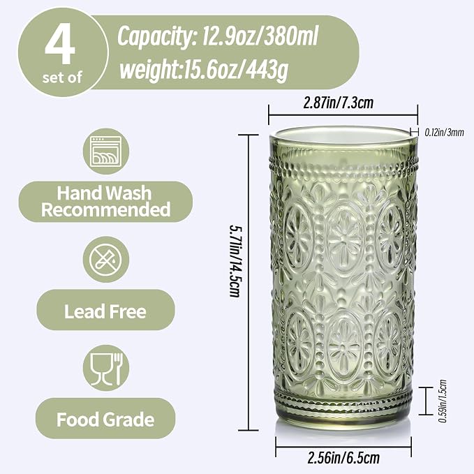 abrwyy Green Glassware, Vintage Drinking Glasses, 12oz Highball Glasses | Lead-Free Glass, Thick&Durable Glass, Home Decoration, Food Grade Glass - Image 2