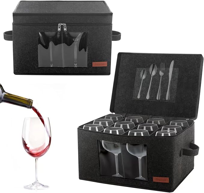 Foyego Wine Glass Storage Box with 24 Dividers, Dark Gray, 2 Pack | Visible Window, Soft Handles, for Packing and Moving, Stackable Storage Containers for Stemware, Glassware, Crystal Glasses by Foyego