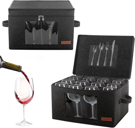 Foyego Wine Glass Storage Box with 24 Dividers, Dark Gray, 2 Pack | Visible Window, Soft Handles, for Packing and Moving, Stackable Storage Containers for Stemware, Glassware, Crystal Glasses by Foyego