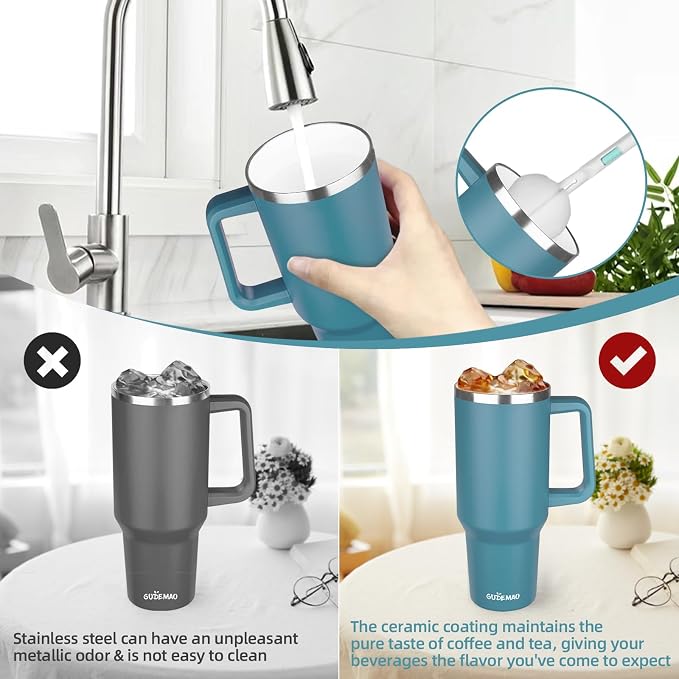 40 oz Insulated Coffee Mug with Ceramic Coating, Stainless Steel Travel Coffee Tumbler with Handle Lid and Straw, Double Wall Leak-Proof Coffee Travel Mug Keeps Drink Hot and Cold (Lake Green) - Image 5
