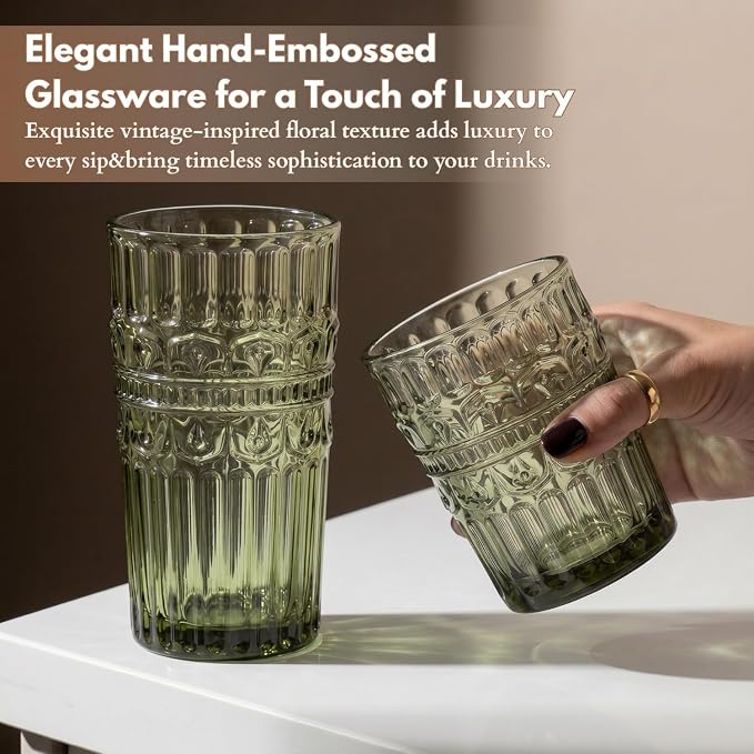 Green Drinking Glasses Set of 12, 12 Oz Highball & 10 Oz Cocktail Glasses, Green Kitchen Vintage Glassware Set, Floral Embossed Glass Tumbler Cups for Beer, Juice, Whiskey, Coffee(Crown) - Image 3